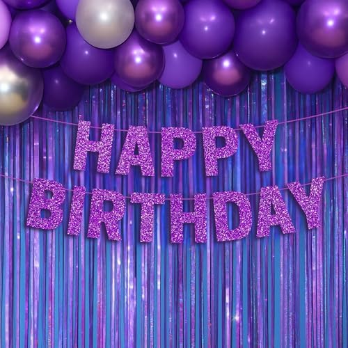 Pre-Strung Purple Glitter Happy Birthday Banner for Girls Women