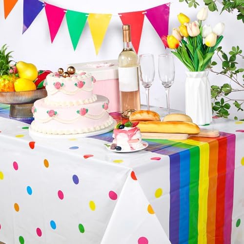 Irenare Rainbow Polka Dot Plastic Tablecloth Set 6 Pcs 54x108 Inch