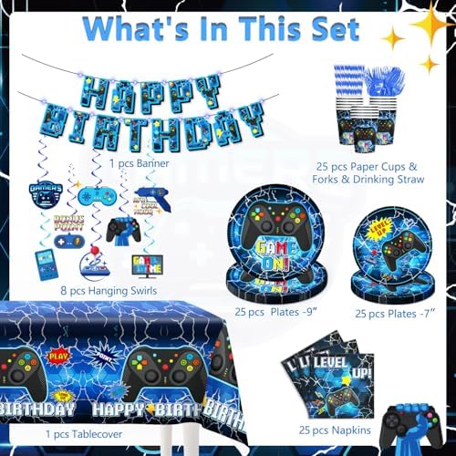 Gaming Birthday Tableware Set - 159pc Eco-Friendly Disposable Kit for 25 Guests