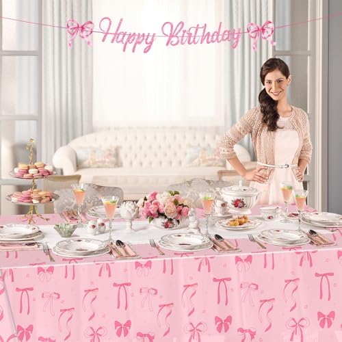 PHOGARY Pink Bow Tablecloths 3PCS for Birthday Party