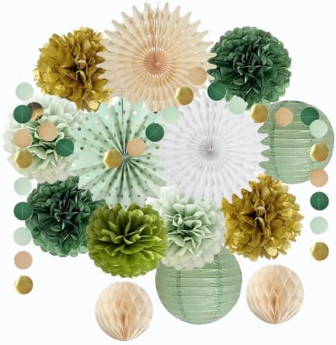 Sage Green Party Decorations Tissue Pom Poms Garland Fans Lanterns