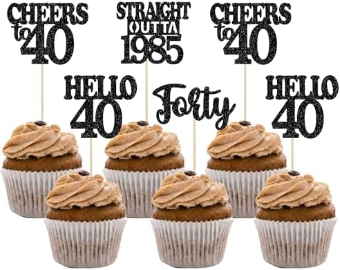 36PCS Happy 40th Birthday Cupcake Toppers Black Glitter