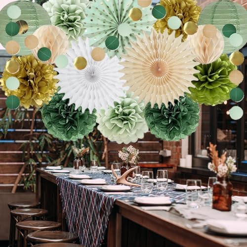 Sage Green Party Decorations Tissue Pom Poms Garland Fans Lanterns
