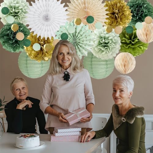 Sage Green Party Decorations Tissue Pom Poms Garland Fans Lanterns