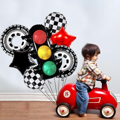 7Pcs Race Car Party Balloon Set with Traffic Light and Checkered Balloons