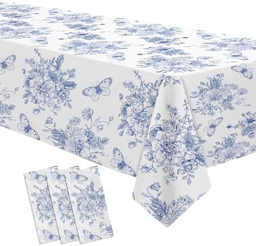 Blue and White Floral Tablecloths 3pcs Disposable Party Decorations