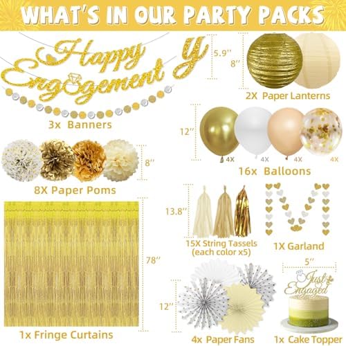 Gold Engagement Party Decorations with Happy Banner and Lanterns