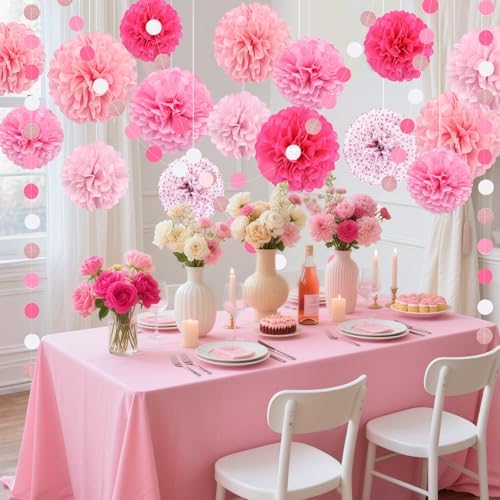 Pink Tissue Paper Pom Poms Garland 16PCS