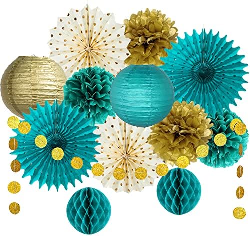 Teal Gold Party Decorations Tissue Pom Poms Garland Fans Lanterns