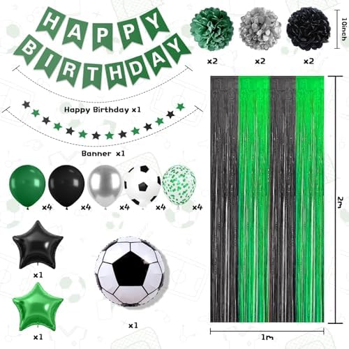 Soccer Party Decor Set Green Black Balloons and Tissue Poms