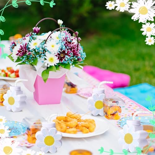 Domensi 10oz Daisy Flower Cups with Lids and Straws 12 Pcs