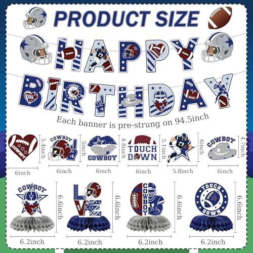 Cowboy Birthday Decorations 12 Piece Blue Football Banners Set