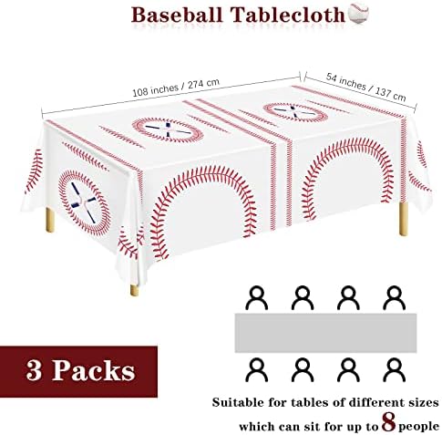 Durony 3 Pack Baseball Tablecloth 108x54 Inch Plastic Cover for Parties