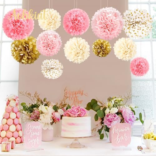AOBKIAT Pink Gold Tissue Paper Pom Poms Set 12PCS