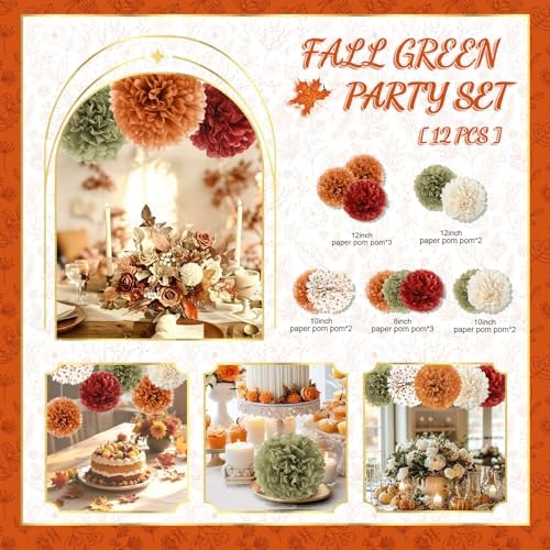 NICROLANDEE Fall Tissue Pom Poms Decorations 12 PCS