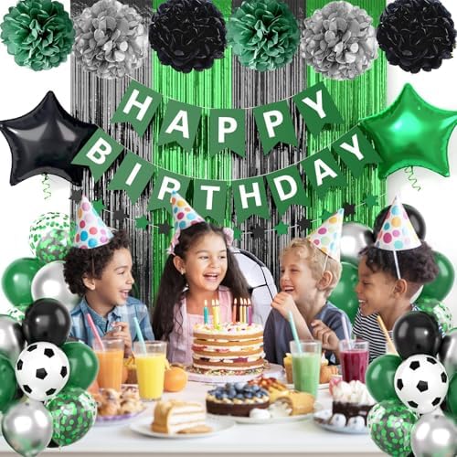 Soccer Party Decor Set Green Black Balloons and Tissue Poms