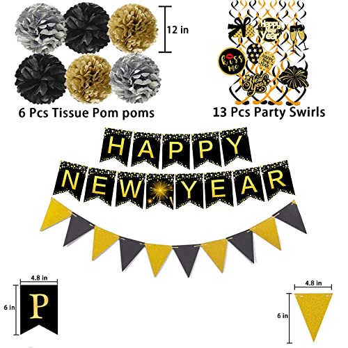 Happy New Year Banner Triangle Flag with Pom Poms and Swirls Garland