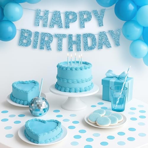 Light Blue Glitter Happy Birthday Banner - Pre-Strung