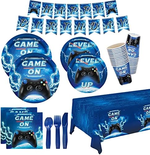 Video Game Party Kit for 25 Includes Plates Cups Cutlery Tablecloth Banner