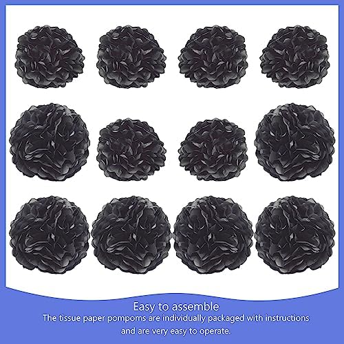 Hocansen 12Pcs Tissue Paper Pompoms 10in 12in Black Party Decorations