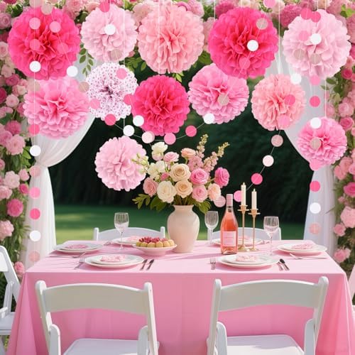 Pink Tissue Paper Pom Poms Garland 16PCS