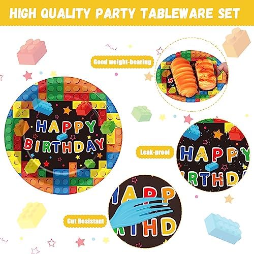 200 Pcs Building Block Party Plates Napkins Forks Set