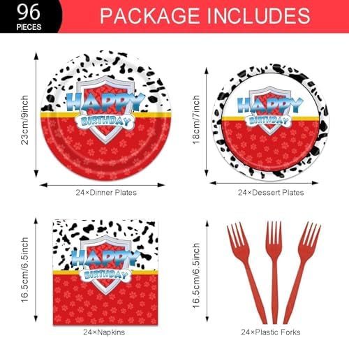 96 Pcs Red Dog Paw Birthday Party Kit for 24 Guests