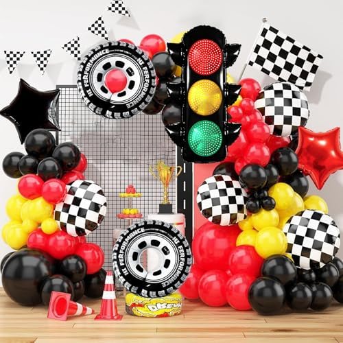 7Pcs Race Car Party Balloon Set with Traffic Light and Checkered Balloons