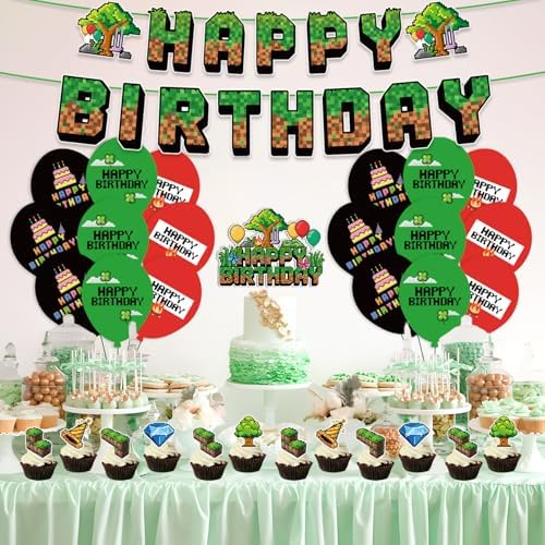 Green and Brown Gaming Birthday Party Decorations 32pcs