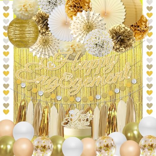 Gold Engagement Party Decorations with Happy Banner and Lanterns