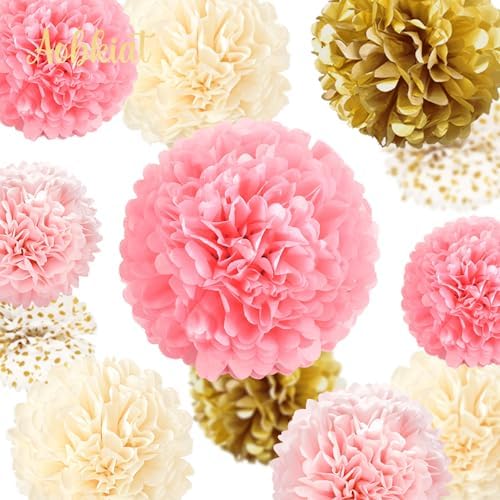 AOBKIAT Pink Gold Tissue Paper Pom Poms Set 12PCS