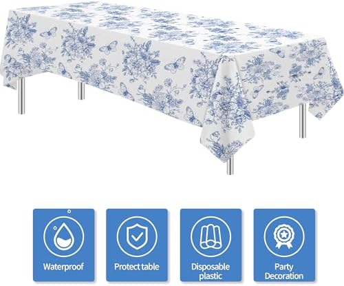 Blue and White Floral Tablecloths 3pcs Disposable Party Decorations