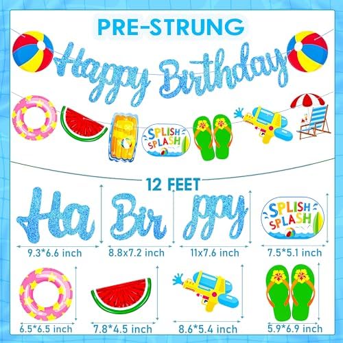 Glitter Blue Pool Birthday Banners with Cutouts