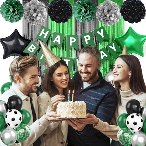 Soccer Party Decor Set Green Black Balloons and Tissue Poms