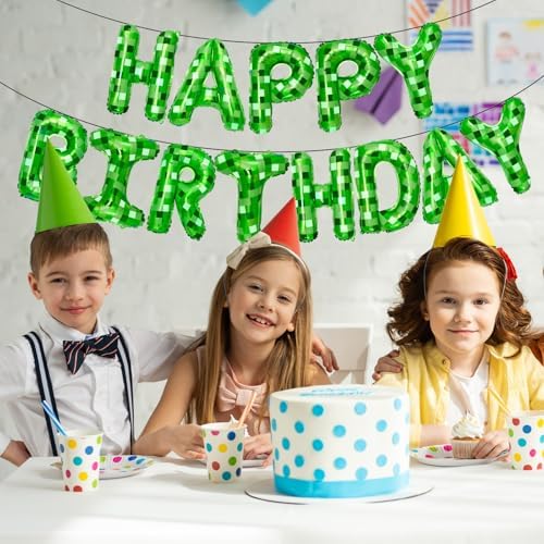 Pixel Themed Happy Birthday Banner Decor Kit with Balloons