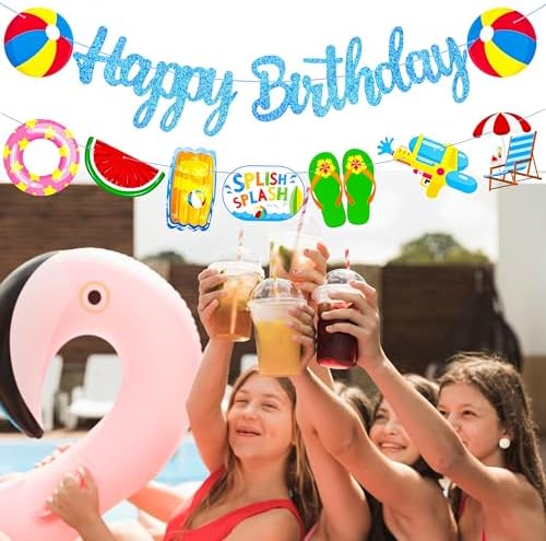 Glitter Blue Pool Birthday Banners with Cutouts