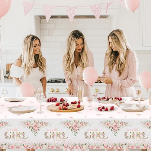 Avezano 3 Pcs Pink Floral Baby Shower Tablecloth 108x54 Inch