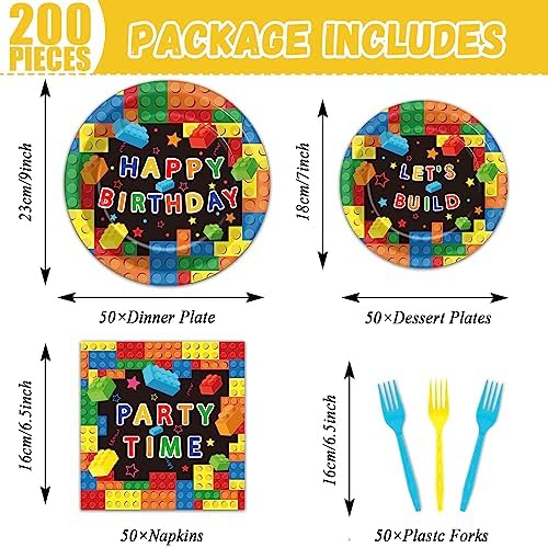 200 Pcs Building Block Party Plates Napkins Forks Set