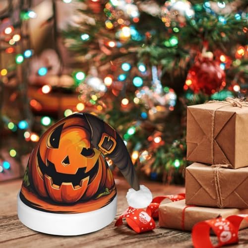 QINZHENG Halloween Pumpkin Print Velvet Santa Hat with LED Lights