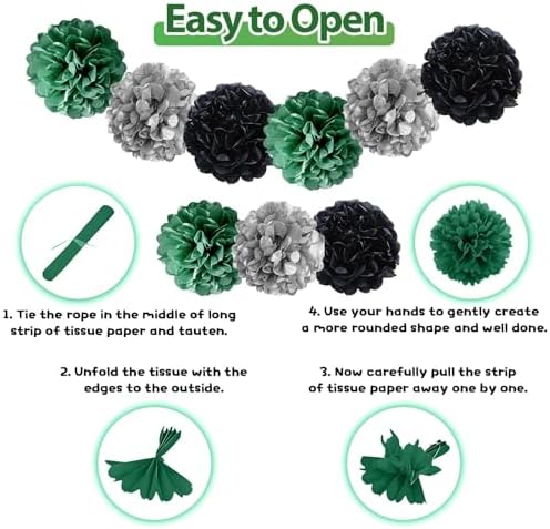 Soccer Party Decor Set Green Black Balloons and Tissue Poms