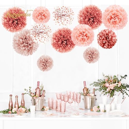 NICROLANDEE Rose Gold Tissue Paper Pom Poms 12PCS