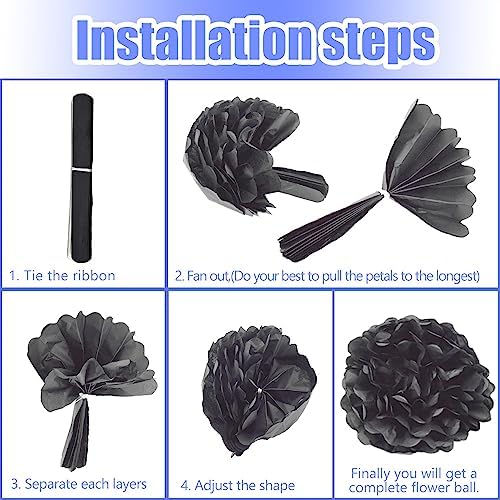 Hocansen 12Pcs Tissue Paper Pompoms 10in 12in Black Party Decorations