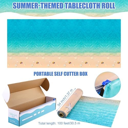 Summer Beach Tablecloth Roll with Cutter Box 100ft x 54in