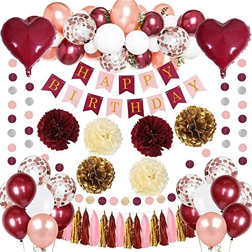 Burgundy Birthday Decorations Set with Balloons and Banner