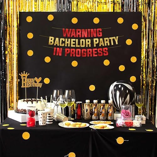 Warning Bachelor Party in Progress Red Gold Glitter Banner
