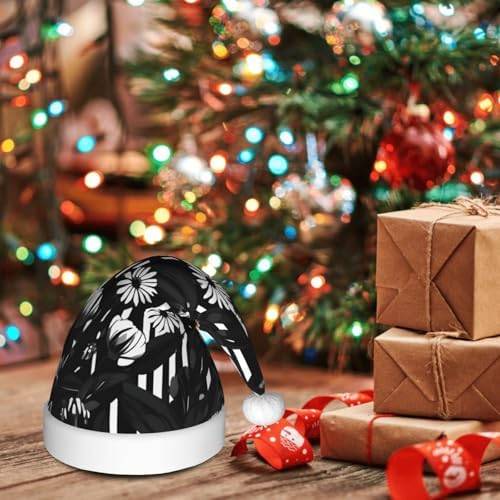 QINZHENG Personalized Santa Hat Black and White Striped Flowers Print