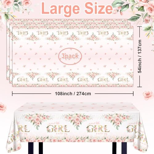 Avezano 3 Pcs Pink Floral Baby Shower Tablecloth 108x54 Inch