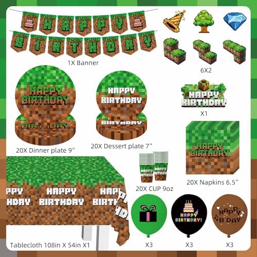 Green and Brown Video Game Birthday Party Decor Set 104Pcs