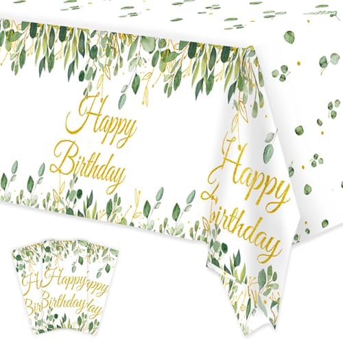 3 Pack Sage Green Glitter Tablecloths with Happy Birthday Text