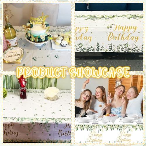 3 Pack Sage Green Glitter Tablecloths with Happy Birthday Text